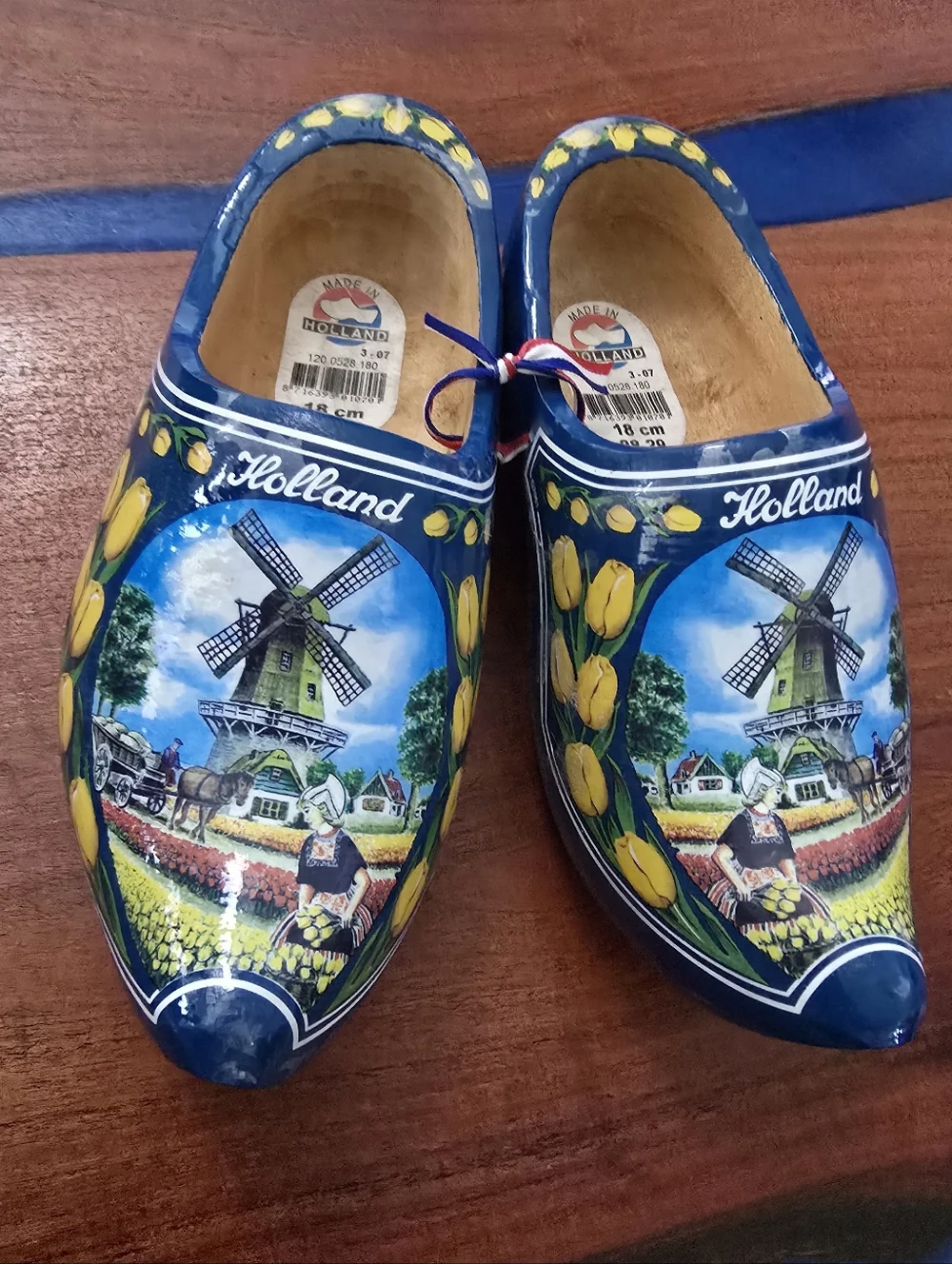Holland Blue Kids Wooden Moccasin Clogs with Tulip & Windmill Art